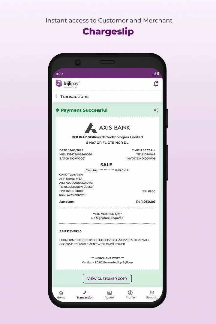 Instant Access to Merchant Charge slip